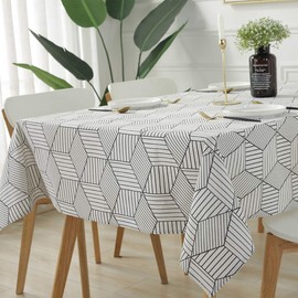 Rectangle Tablecloth Geometric Style Cotton Linen Table Cloth Dust-Proof Table Cover for Kitchen Dinning Tabletop Decoration (Rectangle/Oblong, 52" x 70" (4-6 Seats), White)