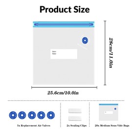 Sous Vide Bags 27Pcs, BPA Free Reusable, Double-Layered Food Storage (11 x 10 in) for Cooking, Food Storage, and Microwave Heating. Includes 20 Vacuum Zipper Bags, 2 Seal Clips, and 5 Air Valves.