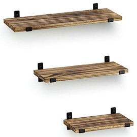 Solid Wood Floating Shelves with T Metal Rack Set of 3 for Wall Mounted Storage in Kitchen Bathroom Livingroom with Free Grouping Carbonized