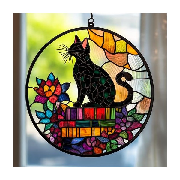 Black cat Stained Glass suncatcher on Books – Handcrafted Window