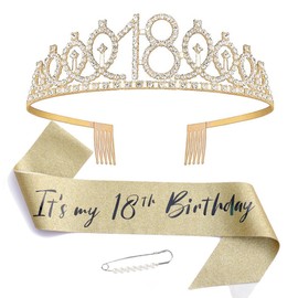 DRESHOW 18th Birthday Crown and Sash for Women 16th Birthday Girls Sash & Rhinestone Tiara Set Hair Accessories for Party