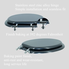 BLOFDE Round Toilet Seat Wood Toilet Seat Prevent Shifting with Zinc Alloy Hinges American Standard Size Toilet Seat Easy to Install also Easy to Clean(Round,Sparkling Black)