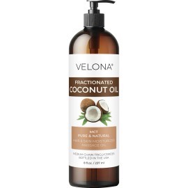 Velona Coconut Oil 8oz, 100% Pure Natural Carrier, Fractionated, Skin & Hair