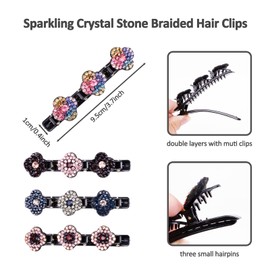 4PCS Sparkling Crystal Stone Braided Hair Clips, Rhinestone Hair Clip with 3 Small Clips, Rsvelte Clover Hair Clips for Girls Women, Hair Barrette Accessories for Styling Sectioning