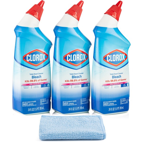 3 Clorox Toilet Bowl Cleaner with Bleach , Rain Clean 24 oz , - BONUS Microfiber Cleaning Cloth