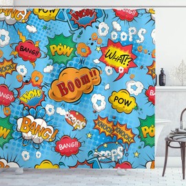 Ambesonne Superhéroe Cortina de Baño, Cómic Efectos de Colores, Paño Conjunto de Decoración de Baño de Tela y Ganchos, 84" Extra Alta, Multicolor