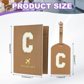 PATIKIL Passport Holder for Travel, Initial Passport Cover and Luggage Tag Set with Alphabet Chenille Letter Patch Travel Wallet Bag Suitcase Identifier for Women Family Travel Brown C