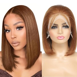 OLFORY 13x4 Lace Front Wigs Human Hair Bob Wigs for Black Women Straight Bob Wig HD Lace Front Wigs Human Hair Pre Plucked 180% Density Transparent Lace Frontal Wig Short Bob (Brown, 14 inch)