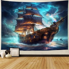 FENDROM Nautical Tapestry Decor Ghost Sailboat Wall Art Fantasy Ocean scenery Nautical pirate ship Wave Sailing moon Wall Hanging Tapestries Decor Bedroom Living Room Dorm