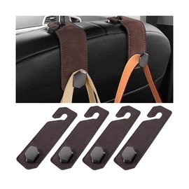 Bittwee 4PCS Car Seat Headrest Hooks, Leather Vehicle Purse Bags Organization Hangers with Metal, Automotive Interior Hanging Storage Organizer Accessories, Universal for SUV, Sedan, Truck (Brown)
