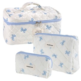 Mulaibdin 3 STK Kosmetiktasche Reise, Kulturtasche Damen Set, Schminktasche Organizer Gesteppt, Make Up Taschen Aesthetic, Tragbar Cosmetic Bag, Cute kulturbeutel für Frauen Geschenk (Blau Schleife)