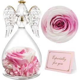 Yamonic Birthday Gifts for Women, Angel Figurines with Real Rose Gifts for Her Mom Grandma,Preserved Flowers Rose Gifts for Christmas Anniversary Birthday Gifts for Her (White+Pink)