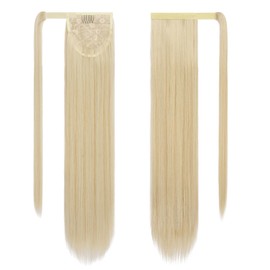 FESHFEN Straight Ponytail Extensions - 28 Inch Long Wrap Around Synthetic Ponytails Hair Piece Pony Tails Extensions Hairpieces for Women, Honey Blonde Mixed Platinum Blonde