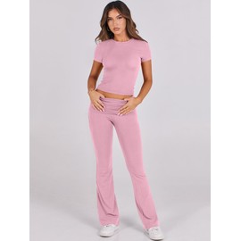 ANRABESS Lounge Sets for Women 2 Piece Foldover Yoga Flare Leggings Pants Crop Tops Casual Y2K Outfits Matching Tracksuit Set Pink Medium