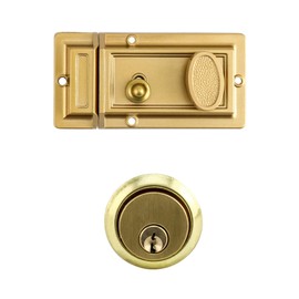 QWORK Night Latch Deadbolt Rim Lock with Key Gold Finish Antique Style Lock with Front Door Key