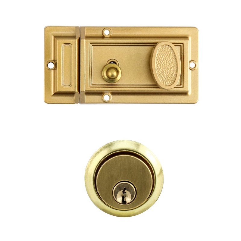 QWORK Night Latch Deadbolt Rim Lock with Key Gold Finish