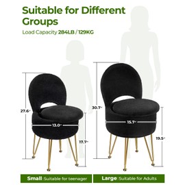 GREENSTELL Small Vanity Stool Chair with Storage and Folding Back, 13" x 13" x 17.7" Faux Fur Soft Ottoman for Teenager, 4 Metal Legs with Anti-Slip Feet, Furry Padded Seat for Makeup, Bedroom, Black