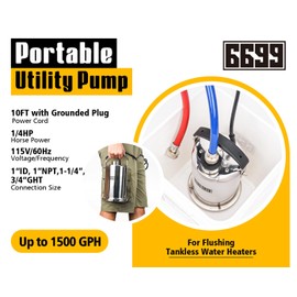 6699 Tankless Water Heater Flushing Kit Includes 1500GPH Stainless Steel Pump with Two Adapters & Cleaner & 3 Gallons Pail with Bucket Lid Opener & Two 1/2” Dia X 6’ Hoses SUB 1500SS Flush Kit