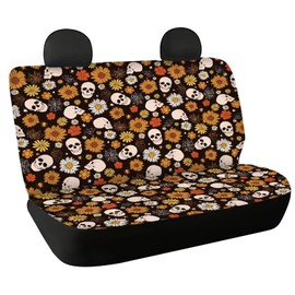 Dolyues Skull Flower Car Back Seat Covers Full Set 2 Pcs for Women Rear Bottom Bench Cover + Backrest Covers Saddle Blanket Dog Seats Cover Protector