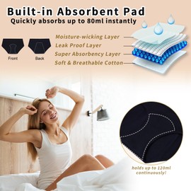 ShieldEase Washable Incontinence Underwear for Women - Cotton Leakproof Ladies Underwear with Full Coverage & Protection, 80ml Absorbency (3 Pack, Black, M)