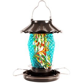 LUJII Solar Powered Bird Feeder for Outside Hanging, Diamond Shaped Hand Blown Glass, Weatherproof, Lighted Lantern for Garden Decor, Fits Large Birds Like Cardinal or Blue Jay & Songbird (Teal)