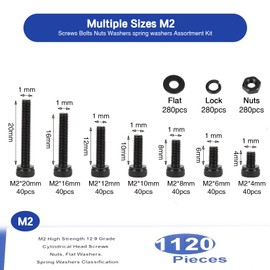 BaiBaoHui 1120pcs M2 Mechanical Screw Assortment Kit, Grade 12.9 Alloy Steel Hexagon Socket Metric Bolts with Nut Flat Washers and Spring Washers Sleeves with 1 Hexagonal Wrenches 1 Tweezer