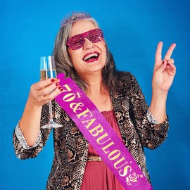 Casoty 70th Birthday Sash and Tiara for Women, 70 & Fabulous Crown and Sash Set, 70th Birthday Decorations Party Supplies Gifts for Women