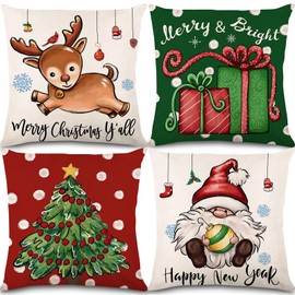 Bekecidi 4 PCS Christmas Cushion Covers, Red Green Pillow Covers Christmas Pillow Case Santa Claus Reindeer Throw Pillows Cover Xmas Linen Cushion Cover for Sofa Bed Home Decorations (45 x 45 cm)