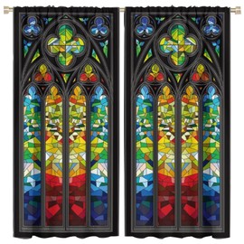 Stained Glass Windows Curtains,Mid-Century Vintage Bohemian Design Abstract Art Style Curtains for Bedroom Living Room Kitchen Café Window Drapes 2 Panels Set,Total Size 84" x 84"