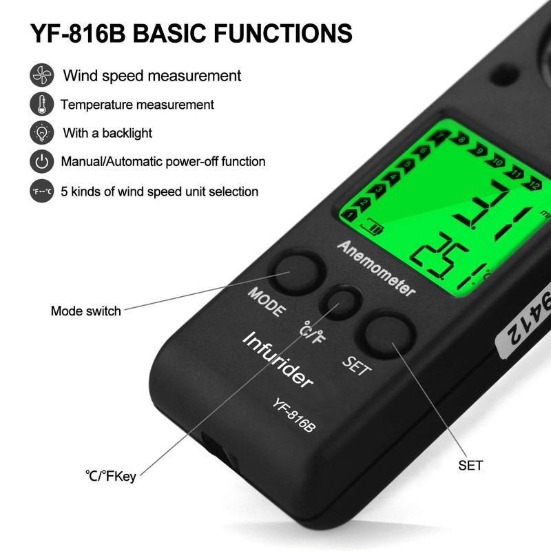 INFURIDER Wind Gauge, Digital Anemometer Handheld Wind Meter Gauge Air