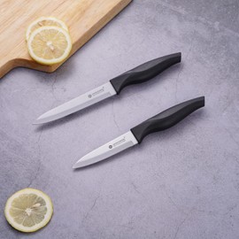 VSL VANSLENSON Multipurpose Kitchen Knife set 4 inch Paring Knife with Cover, Steak Knife, 5 inch Utility Knife, 5 inch Serrated Blade Knife Black Handle (Set of 4 mixed combo)