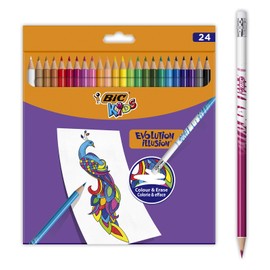 BIC Kids Evolution Illusion 24 Erasable Colouring Pencils with Eraser Assorted Colours Set of 24