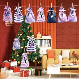 Christmas Advent Calendar Bags, 24 Days Countdown Burlap bags Hanging Advent Calendar Gift Favors for Xmas Decorations (Purple)