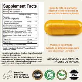 95 % de curcumina, pimienta negra, extracto de propóleo, aceite MCT en polvo y vitaminas D3 y K2. Suplemento nutricional deportivo para la salud de las articulaciones.