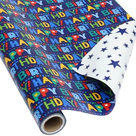 AUCLAY AUCLAY Reversible Birthday Wrapping Paper for Boys Girls Kids Adults Baby Shower Holiday - Colorful Happy Birthday Lettering and Stars Design - Gift Wrapping Paper Roll, 17.7 Inch X 33 Feet