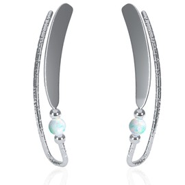 Silver Ear Climber Earrings - Stud Ear Cuff Earrings - Climber Piercing Ear Ring (Silver, White Opal)