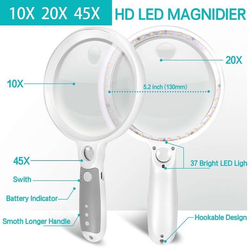 Large Magnifying Glass with 37 LED Light, 10X 20X 45X