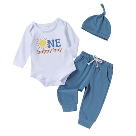 SEVEN YOUNG Baby Boy Clothes First Birthday Outfit Boy One Happy Dude Romper Pants Hat 3PC Set Newborn Infant Fall Outfits(6-9 Months,One Happy Boy Blue)