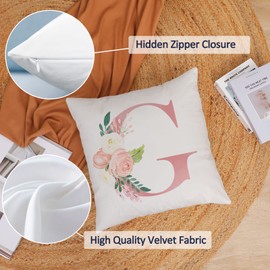 Alphabet Decorative Pillow Covers 22x22 Inch Pink Letter G Pillow Covers Floral Initial Throw Pillow Covers Soft White Velvet Square Cushion Covers Pillow Cases Home Couch Sofa Cushion Cases (G)