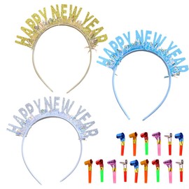 EIHI Pack of 3 Happy Girls Decorative Headband for New Year Party Includes 15 Party Whistles