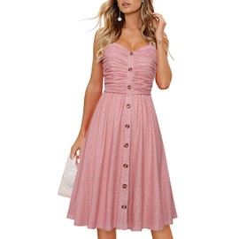 Drimmaks Women's Casual Beach Summer Dress Floral Print A-line Spaghetti Strap Button Down Midi Sundress (044-Pink Dot, M)