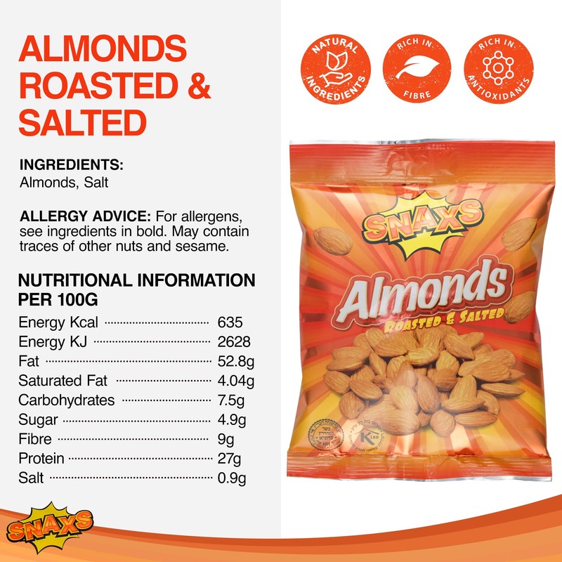 Snaxs Roasted Almond Nuts 180g - Salted Nuts with Fibre,