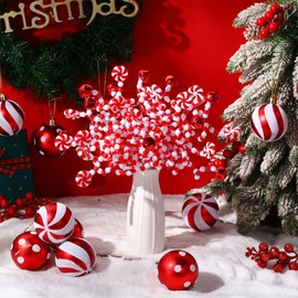 Syhood 74 Pcs Christmas Tree Decoration 2.4 inch Christmas Ball Ornaments Woolen Bells Curly Pick Glittering Peppermint Candy Cane Balls Hanging Christmas Tree Picks for Xmas Tree Decor