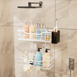 HapiRm Shower Caddy Hanging Organiser - 2 Tier Bathroom Caddy Organiser with 360° Rotatable Top Hook and 4 Hooks, White Rustproof Shower Shelf Hanging for Shampoo, Conditioner, and Bathroom Storage