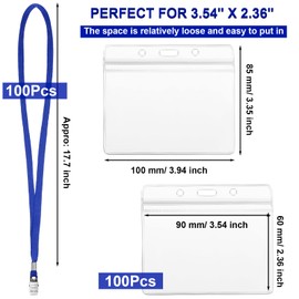 Marspark 100 Sets Clear Name Tags with Lanyard, Lanyards for ID Badges Reusable Strap with ID Holder Plastic Name Badges for Adults Business School Church Conference (Blue)