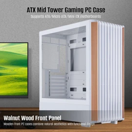 ATX Mid Tower Gaming PC Case - Tempered Side Glass Panel - Dual Chamber - Walnut Wood Front - Can Build in 12 ARGB PWM Fans High Airflow 360MM RAD Supports for ATX/mATX/Mini ITX Motherboards White