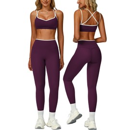 Womens Workout Sets Two Piece Cami Straps Cross Back Color Block Sports Bras Matching Tummy Control High Waist Leggings 2 Piece for Women Gym Yoga Active Wear Outfits Athletic Work Out Set Purple XS