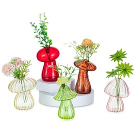 Glasseam Mushroom Plant Propagation Stations: Cute Glass Terrarium Jar Propagation Vase Set of 5 Hydroponic Planters for Home Room - Unique Colorful Mushroom Decor Gifts for Plant Lovers