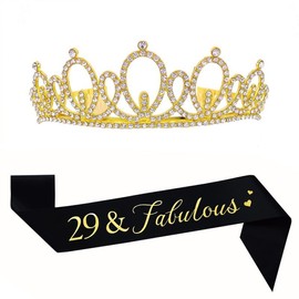 Mayin Happy 29th Birthday Tiara and Sash Gifts Crystal Rhinestone Princess Crown Birthday Women Party Favor Supplies Gold Crowns Black Sash