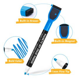 maxtek 24 Count Magnetic Dry Erase Markers, Fine Tip, 6 Colors Whiteboard Markers with Built-in Eraser, Low Odor Thin Markers